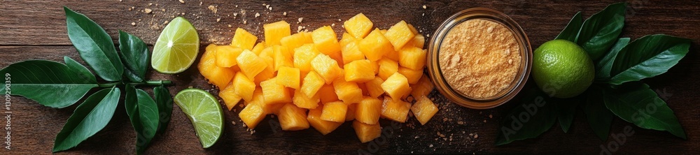 Mango Cubes and Lime with Tropical Ingredients on Wooden Surface. Generative AI Mango Cubes and Lime with Tropical Ingredients on Wooden Surface. Generative AI