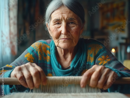 Elderly Roman matron skillfully weaves intricate patterns with care and precision in a timeless, warm setting. Generative AI