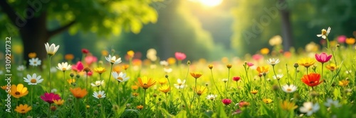 Sunlit meadow, vibrant wildflowers, lush green forest backdrop, meadow, grass, nature
