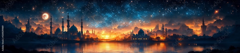 Obraz premium Surreal Fantasy Landscape with Starry Sky and Full Moon Over City. Generative AI