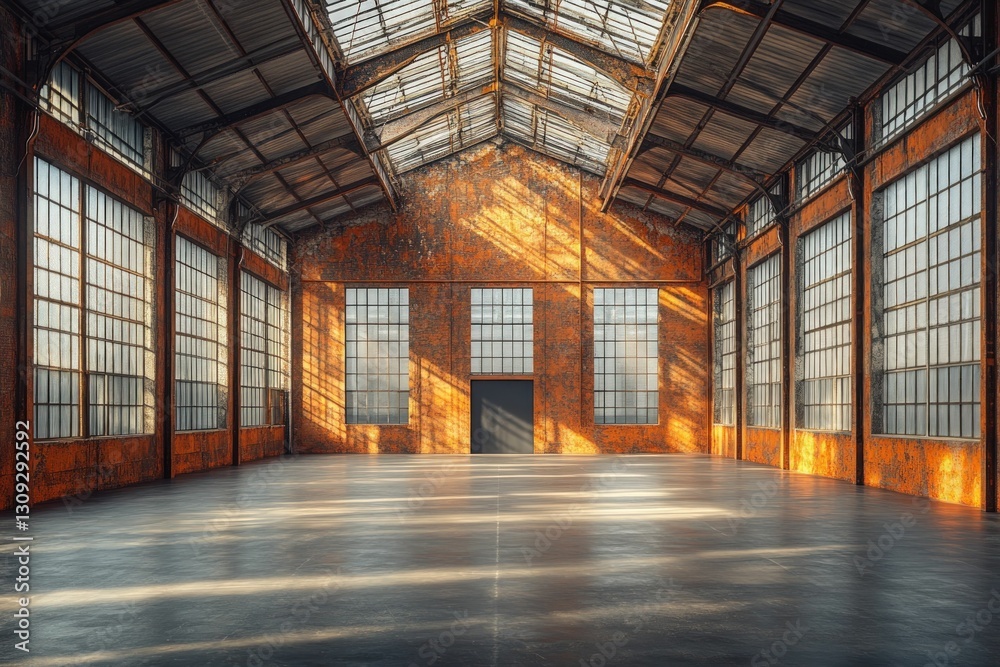 Sunlit industrial space, rusty walls, vast windows.