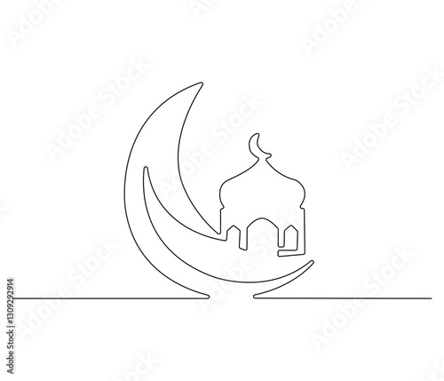 Canvas Print Continuous one line drawing of Crescent moon and mosque