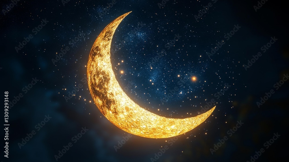A symbolic crescent moon with stars glowing softly against a dark background. Generative AI A symbolic crescent moon with stars glowing softly against a dark background. Generative AI