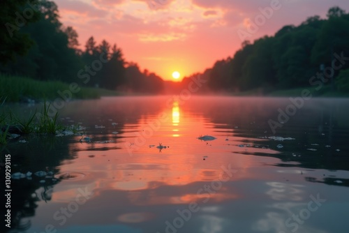 Sunset over calm river reflecting orange sky