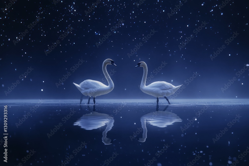 Majestic swans reflecting on tranquil water under starry night. Neural network AI generated Majestic swans reflecting on tranquil water under starry night. Neural network AI generated