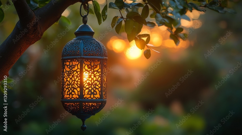 A delicate Islamic lantern hanging from a tree branch in a serene garden at dusk. Generative AI A delicate Islamic lantern hanging from a tree branch in a serene garden at dusk. Generative AI