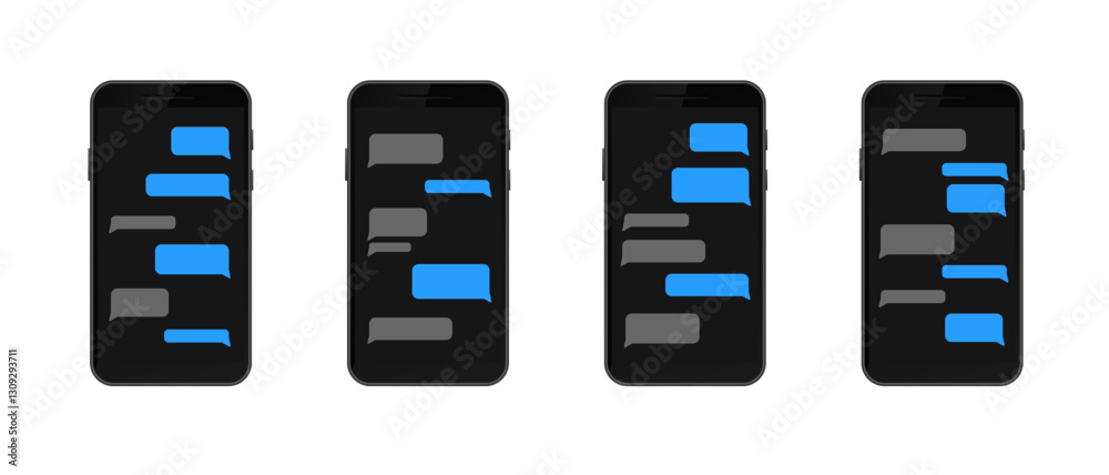 Four smartphones show messaging apps with blue and gray chat bubbles, highlighting modern communication. Four smartphones show messaging apps with blue and gray chat bubbles, highlighting modern communication.
