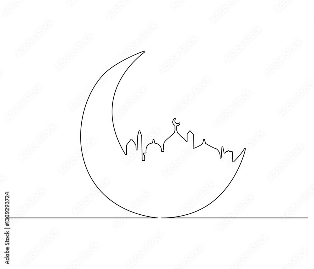 Continuous one line drawing of Crescent moon and mosque. Single line drawing illustration of Crescent moon and mosque for greeting card. Ramadan kareem concept vector art. Doodle line illustration. Continuous one line drawing of Crescent moon and mosque. Single line drawing illustration of Crescent moon and mosque for greeting card. Ramadan kareem concept vector art. Doodle line illustration.