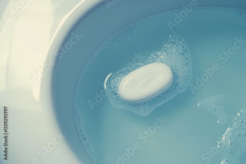 Soap bar floating on foamy surface in teal light. Neural network AI generated