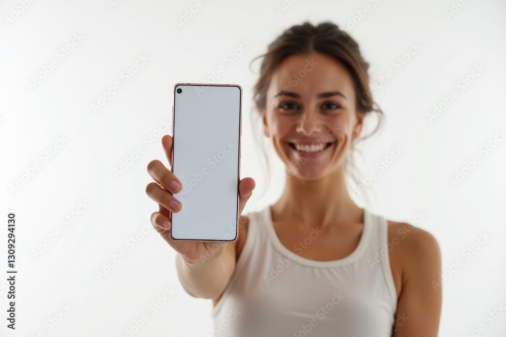 Happy woman shows off a smartphone while smiling Happy woman shows off a smartphone while smiling