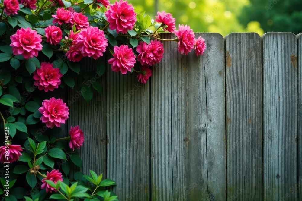 Fototapeta premium Vibrant blooms cascade over weathered wood fence , rustic, image, fence