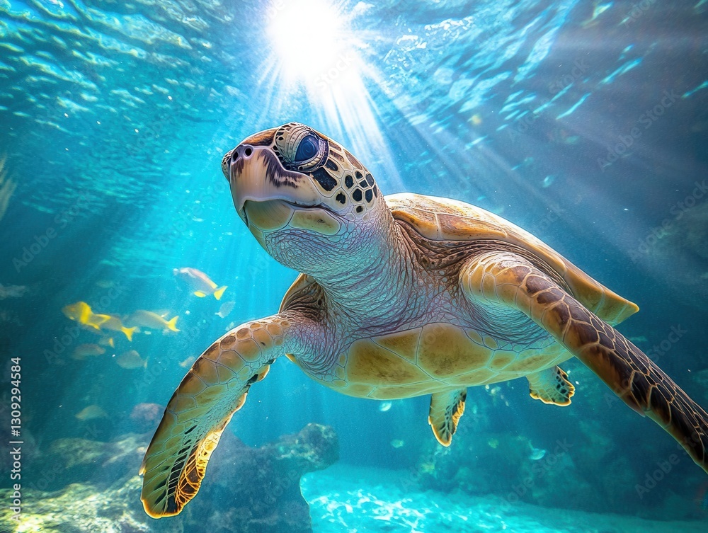 Obraz premium Majestic sea turtle gliding gracefully through crystal-clear waters with sunbeams illuminating its path. Generative AI