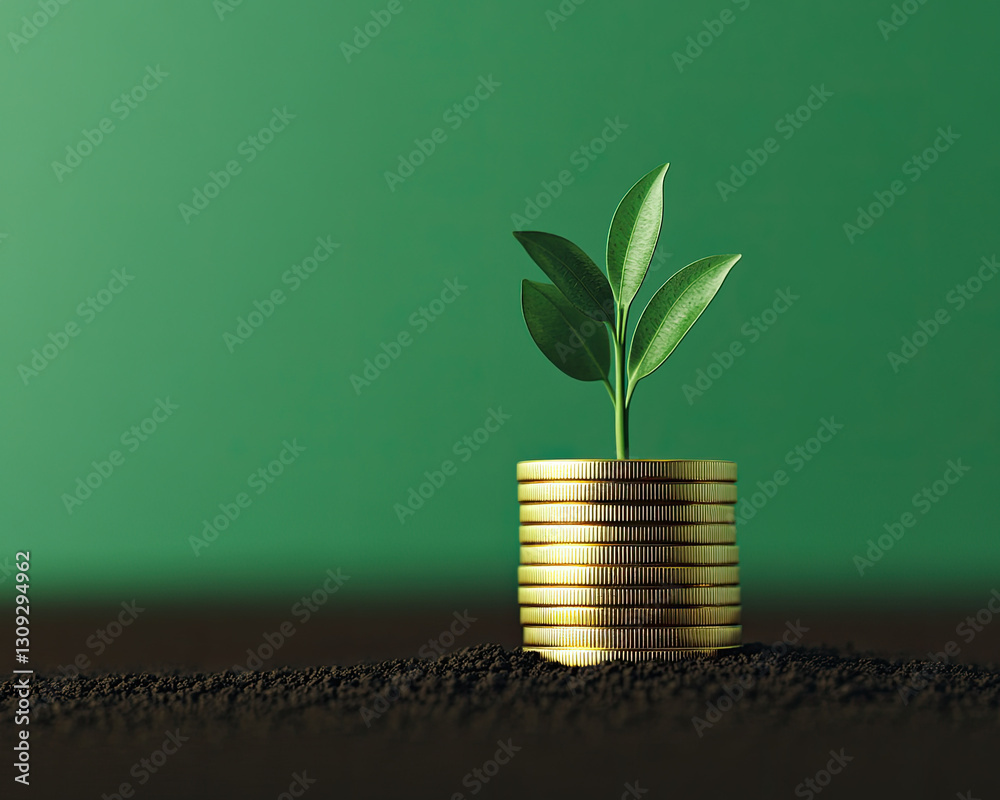 A small green plant grows from a stack of gold coins, symbolizing the concept of financial growth and investment in a sustainable future. A small green plant grows from a stack of gold coins, symbolizing the concept of financial growth and investment in a sustainable future.