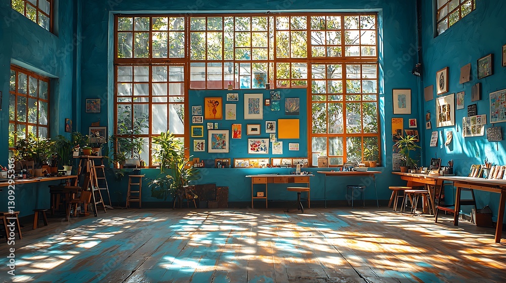Obraz premium Sunlit Artistic Studio Workspace with Teal Walls Large Windows and Artwork Gallery Wall