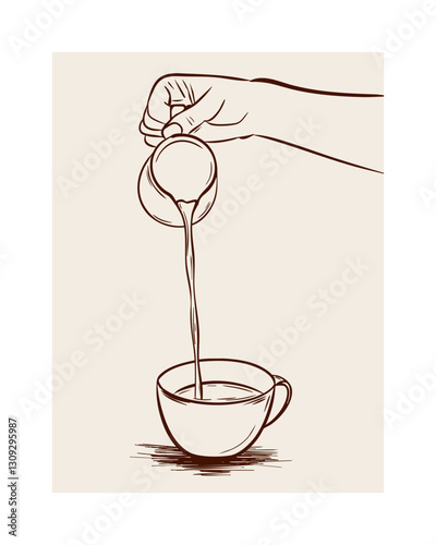 A minimalist linear vector illustration of a coffee cup with milk being poured into it