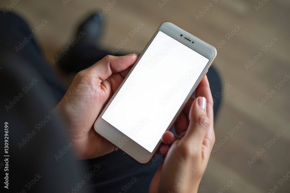 Hands hold a smartphone with blank screen indoors Hands hold a smartphone with blank screen indoors
