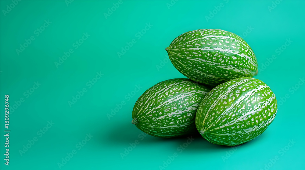 Green Spiky Fruits Stacked on Teal Surface with White Speckles and Side Lighting Green Spiky Fruits Stacked on Teal Surface with White Speckles and Side Lighting