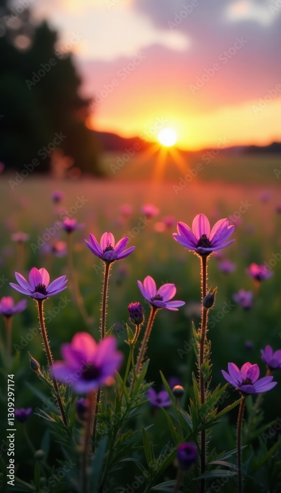 Obraz premium Violet and pink wildflowers bloom at sunset in a picturesque meadow , nature, evening, rural