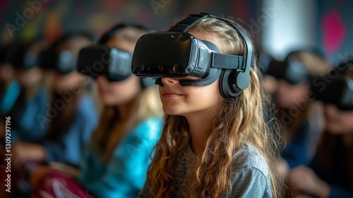 Young girl in a classroom with a virtual reality headset smiling while learning in an interactive educational setting. Generative AI photo