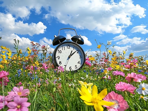 A clock timer for seasonal changeover surrounded by spring flowers grass and blue skies