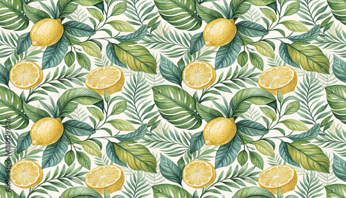 Hand drawn fresh lemon and tropical leaves summer seamless pattern background