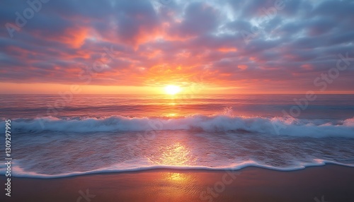 Vibrant sunset over ocean waves on sandy beach.
