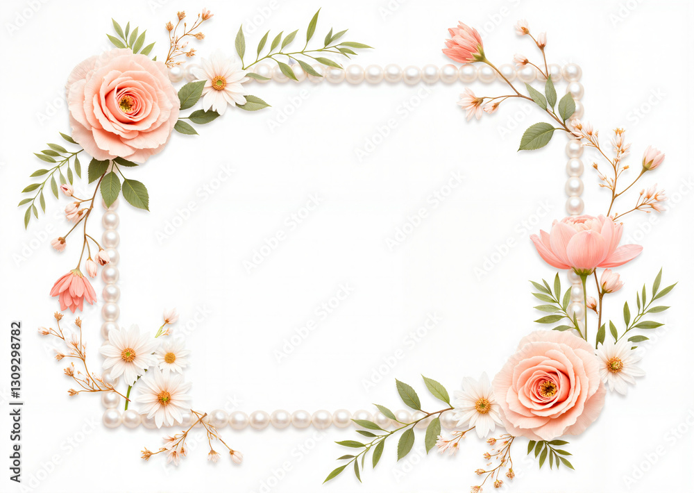 Elegant wedding frame adorned with delicate pearls and floral accents, luxury design