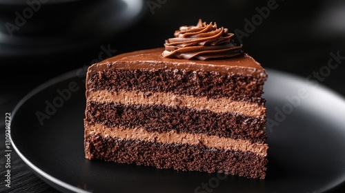 Velvety dark chocolate cake rests on a glossy black plate, adorned with luscious chocolate frosting and delicate chocolate shavings, inviting sweet indulgence photo