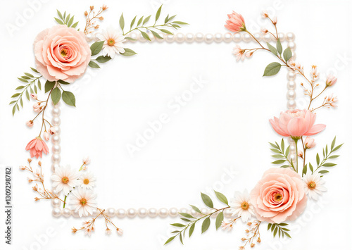 Elegant wedding frame adorned with delicate pearls and floral accents, luxury design