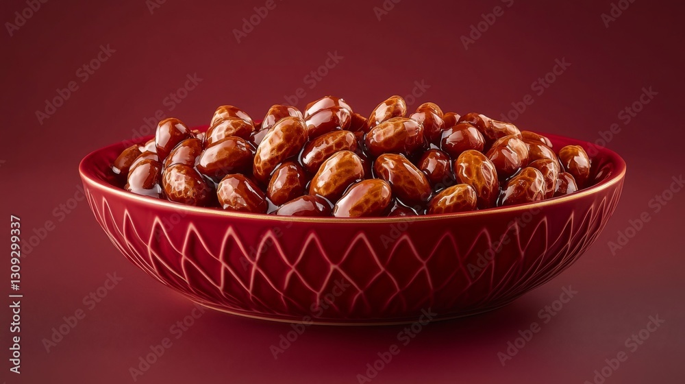 Obraz premium Red Bowl of Glazed Sweet Beans on Dark Red Background