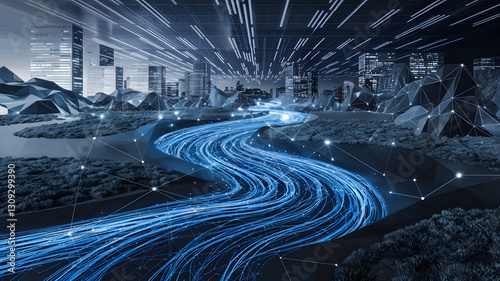 A river of data flowing through a digital landscape, controlled by AI systems.