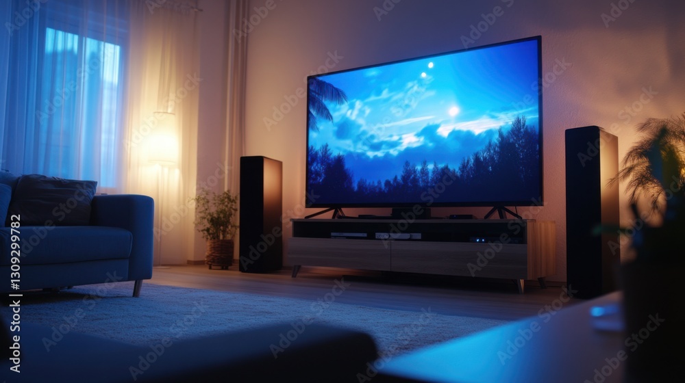 Fototapeta premium Modern living room with large screen TV displaying a scenic landscape at night. Soft lighting enhances the cozy atmosphere.