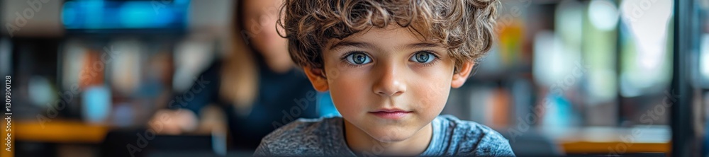 Focused Young Boy in a Coding Class with Teacher in the Background. Generative AI Focused Young Boy in a Coding Class with Teacher in the Background. Generative AI