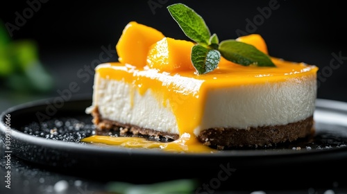 A mouthwatering mango cheesecake awaits, beautifully garnished and set on a black plate, inviting anyone to savor the delightful flavors and artistic presentation.
