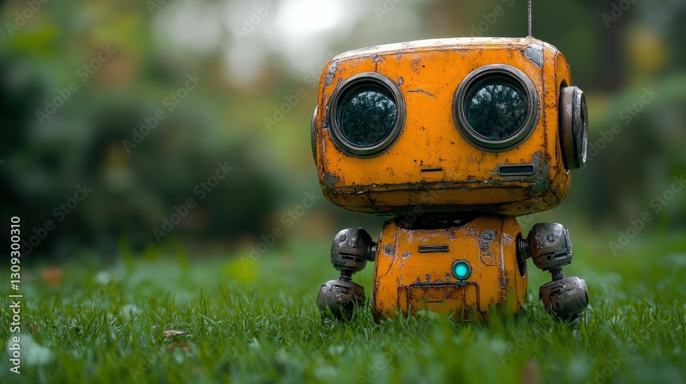 Rusty orange robot sits in green grass Rusty orange robot sits in green grass