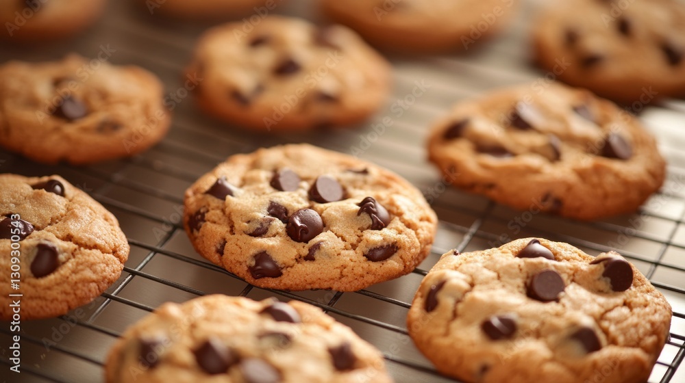 Golden brown chocolate chip cookies are cooling on a wire rack, releasing delightful aromas. The warm, gooey chocolate chips melt in the inviting environment, perfect for sharing Golden brown chocolate chip cookies are cooling on a wire rack, releasing delightful aromas. The warm, gooey chocolate chips melt in the inviting environment, perfect for sharing