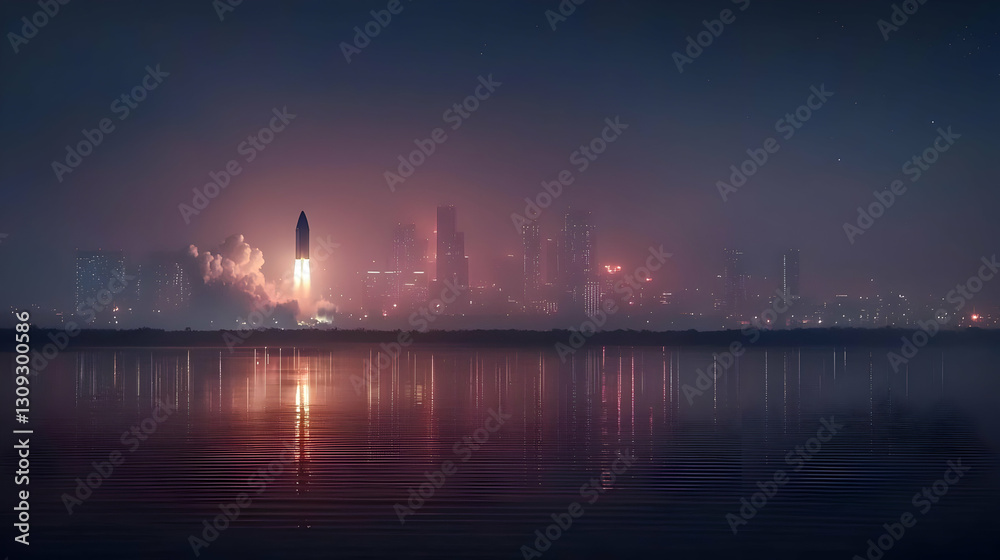 Naklejka premium Cityscape Skyline At Night Reflected On Calm Lake Under Misty Atmospheric Sky