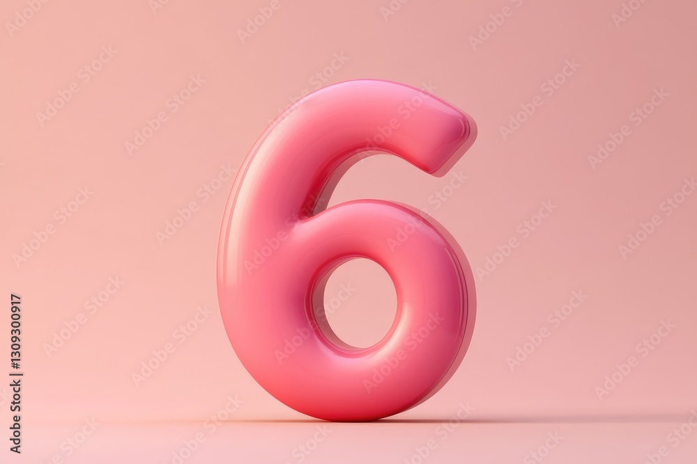 A glossy pink number six stands on a solid pastel surface A glossy pink number six stands on a solid pastel surface