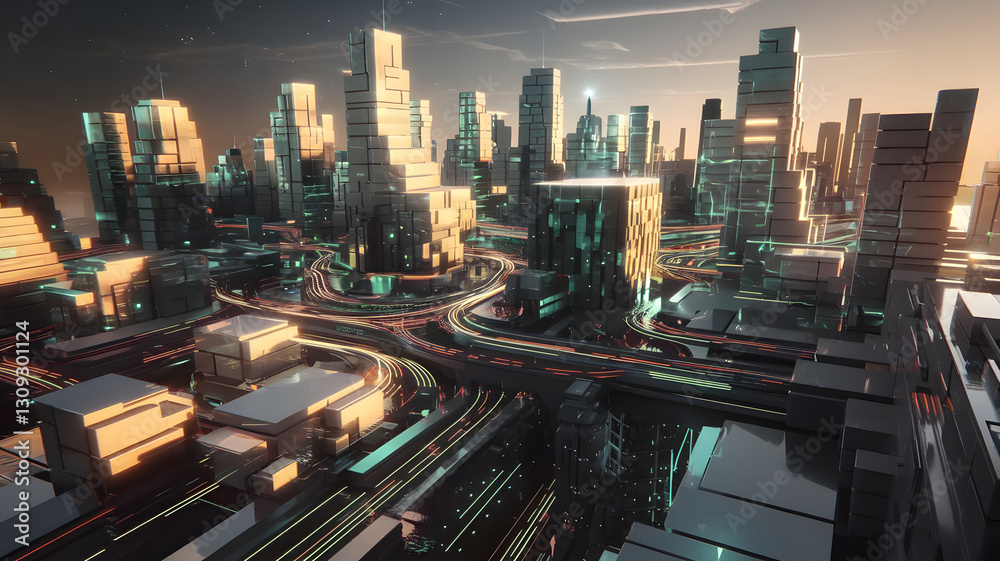 Fototapeta premium An abstract, glowing AI-powered city with architectural structures constantly changing.