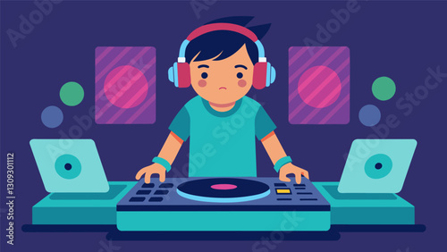 Through the screen of their laptop the child DJ manipulates the sound on their digital turntables creating an otherworldly experience for the. Vector illustration