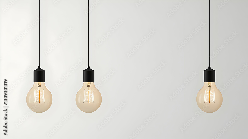 Three Hanging Lightbulbs With Black Sockets And Glowing Filaments Against A Plain White Background Three Hanging Lightbulbs With Black Sockets And Glowing Filaments Against A Plain White Background