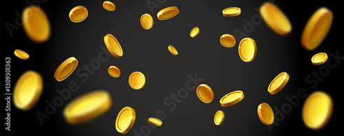 Realistic gold coin. Explosion of gold coins