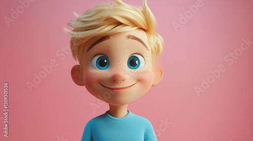 Cheerful cartoon boy with blue eyes and blonde hair against pink background