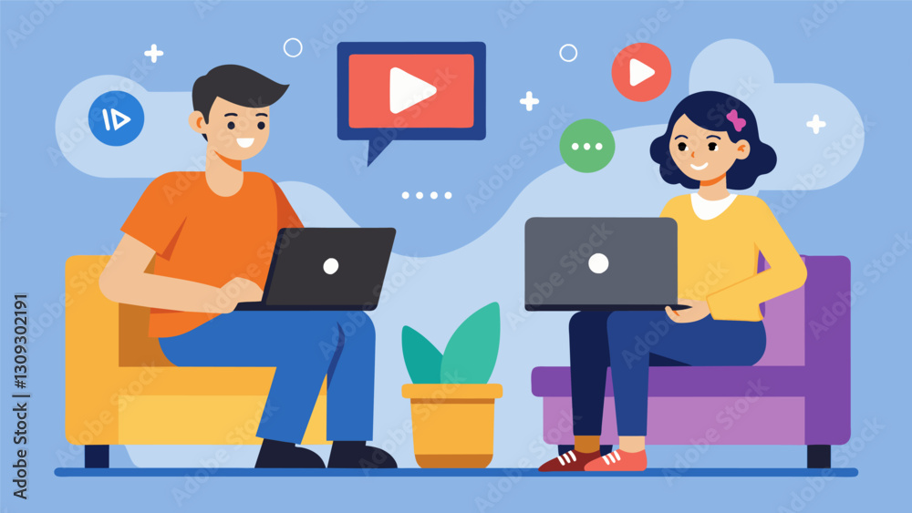 Two techsavvy youngsters analyzing the impact of video streaming services on traditional television and movie industries.. Vector illustration Two techsavvy youngsters analyzing the impact of video streaming services on traditional television and movie industries.. Vector illustration