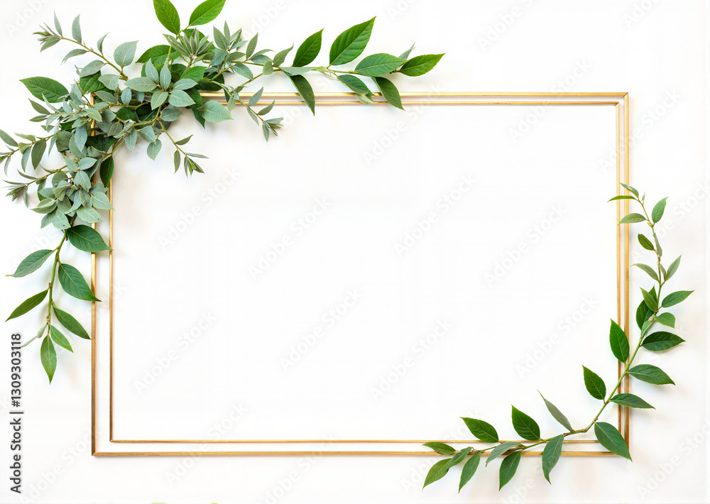 Elegant green foliage within golden frame, modern botanical design Elegant green foliage within golden frame, modern botanical design