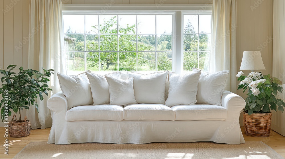 Fototapeta premium White sofa in sunlit country home living room