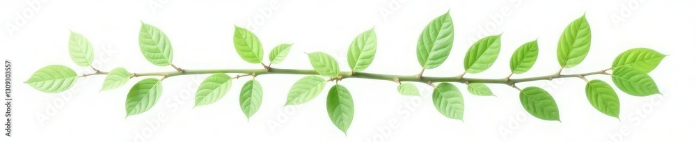 Obraz premium Delicate branch with soft green leaves isolated on white background, branches, texture, organic