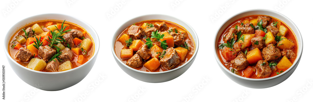 Delicious beef stew with vegetables in white bowls, showcasing rich colors and textures Delicious beef stew with vegetables in white bowls, showcasing rich colors and textures