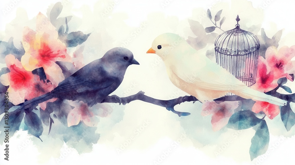 Naklejka premium Elegant watercolor depicting the harmonious coexistence of birds flowers and foliage in a serene tranquil setting The delicate