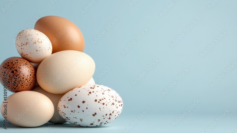 A stunning assortment of beautifully arranged eggs showcasing different colors and patterns against a soft blue background, highlighting their natural beauty and texture. A stunning assortment of beautifully arranged eggs showcasing different colors and patterns against a soft blue background, highlighting their natural beauty and texture.